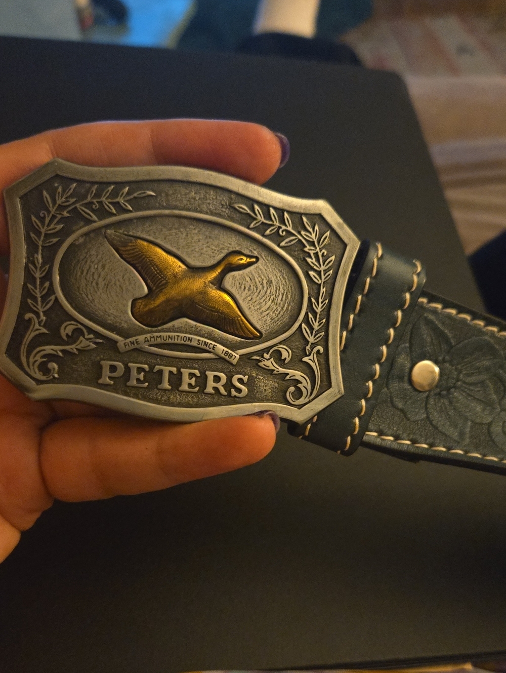 PETERS Brass Duck Belt Buckle on Embossed Leather Belt